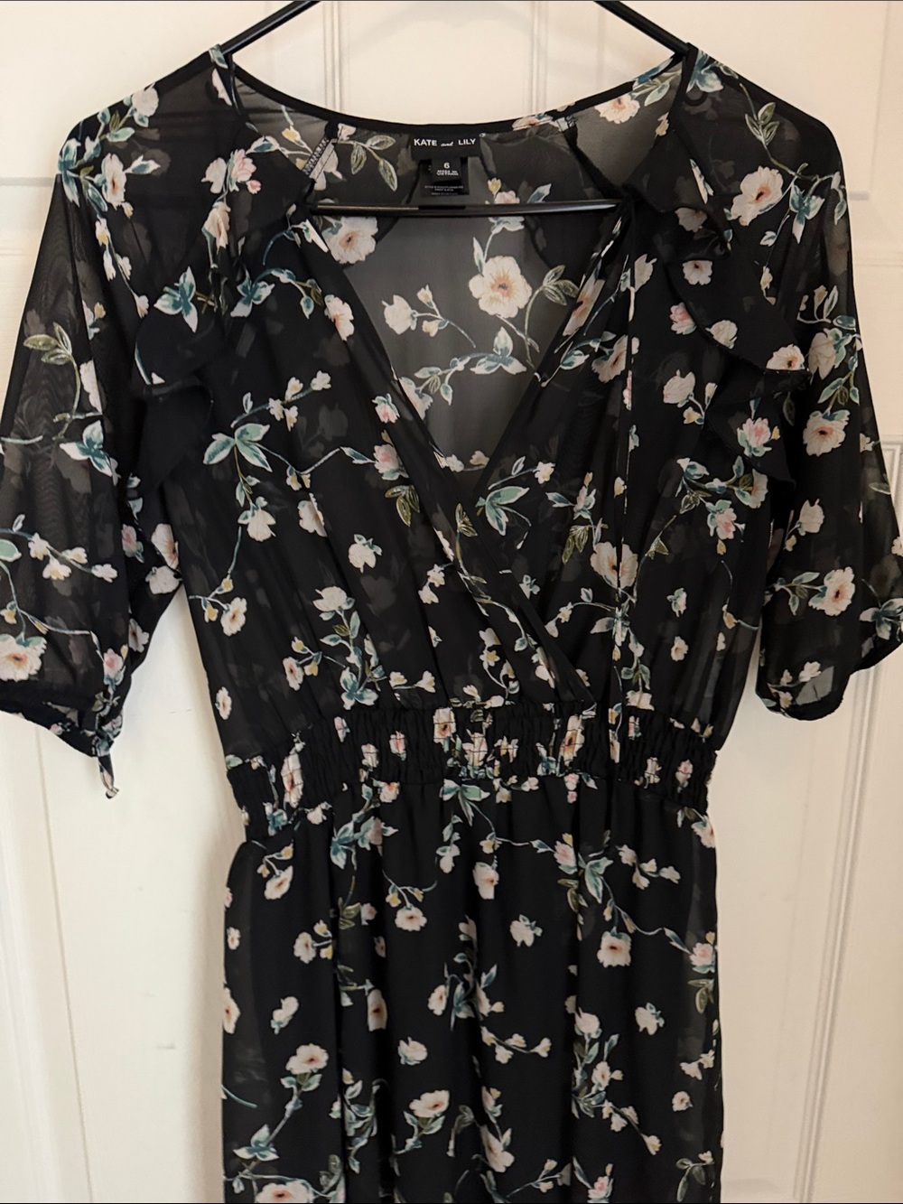Black Floral Wrap-Style Midi Dress